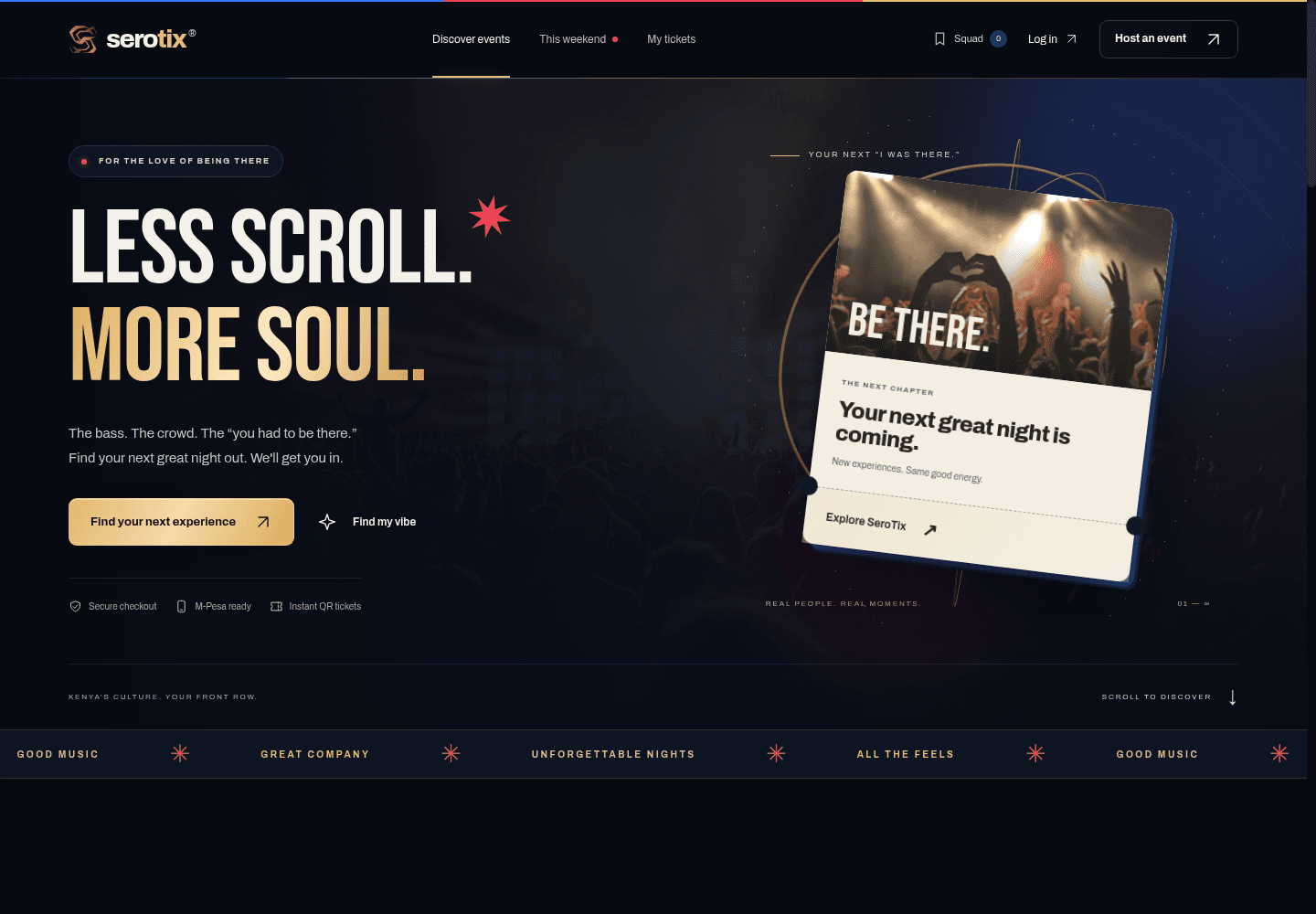 SeroTix event discovery homepage with the headline Less scroll. More soul.
